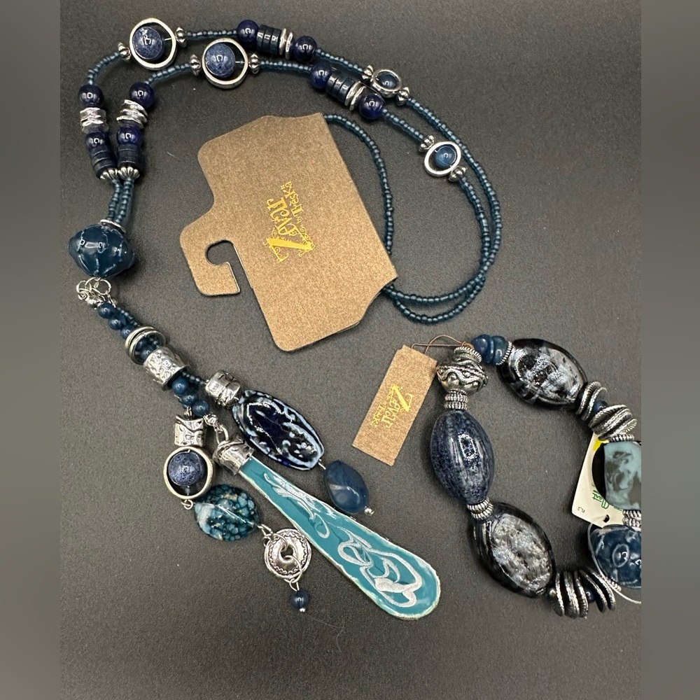 Zevar by Tresk long blue/silver necklace with matching bracelet NWT